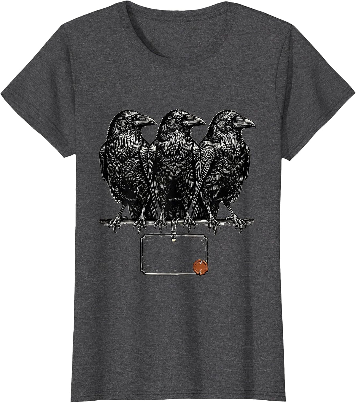 Women's Three Crows Woodcut Dark Humor Gothic Raven Lover T-Shirt - Dark Heather Grey