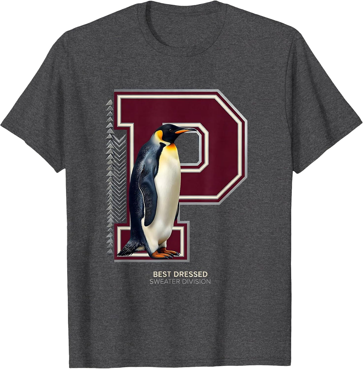 Best Dressed Sweater Division Funny Penguin Ugly Christmas T-Shirt - Dark Heather Grey