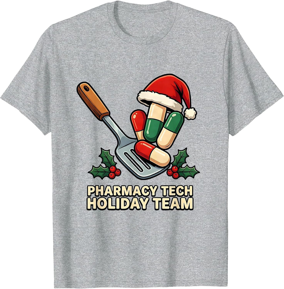 Men's Pharmacy Tech Holiday Team Funny Cartoon Christmas Squad T-Shirt - Heather Grey