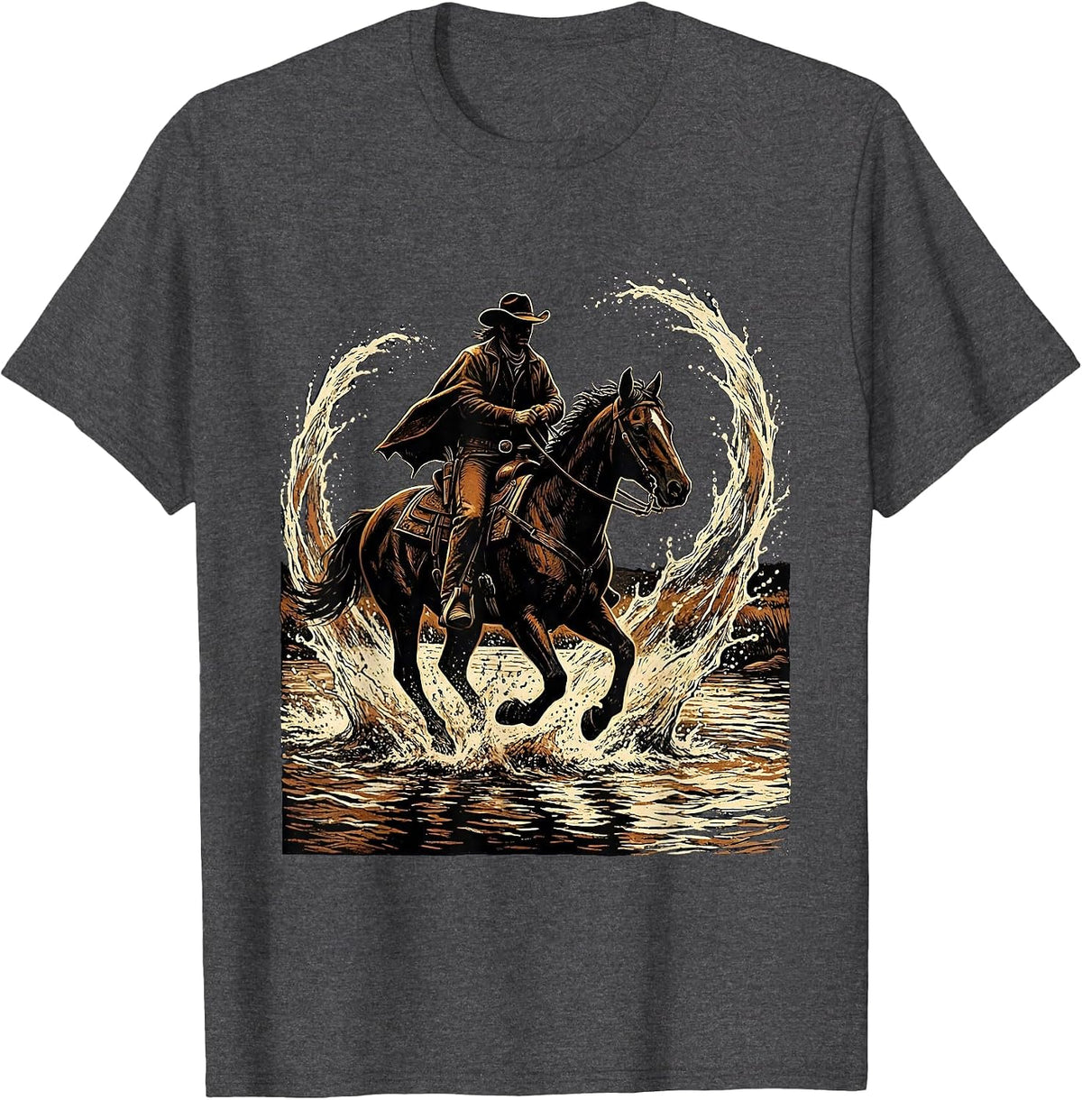 Cowboy Riding Horse Through River Splash T-Shirt - Dark Heather Grey