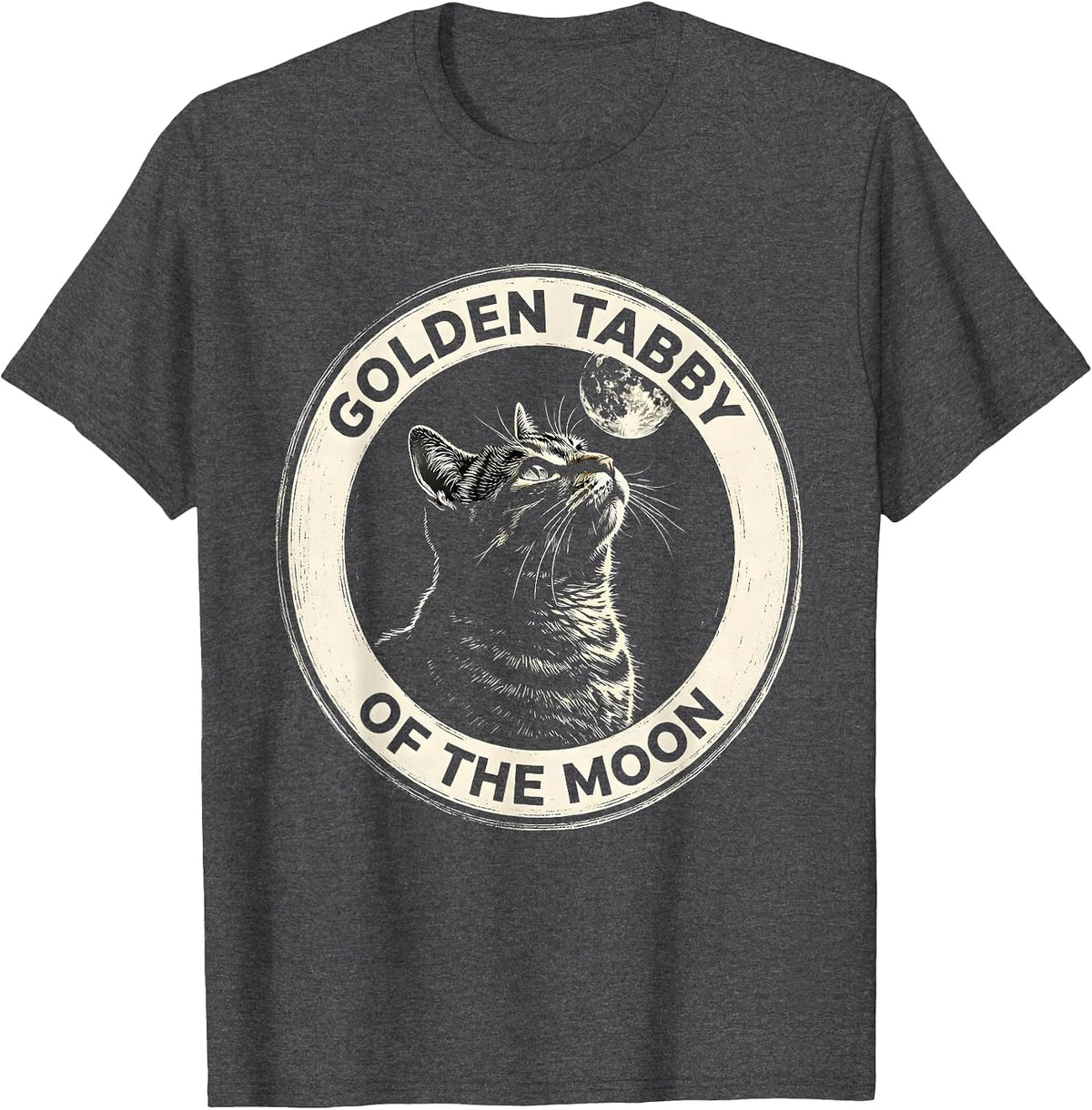 Golden Tabby Of The Moon Scratchboard Retro Cat Art T-Shirt - Dark Heather Grey