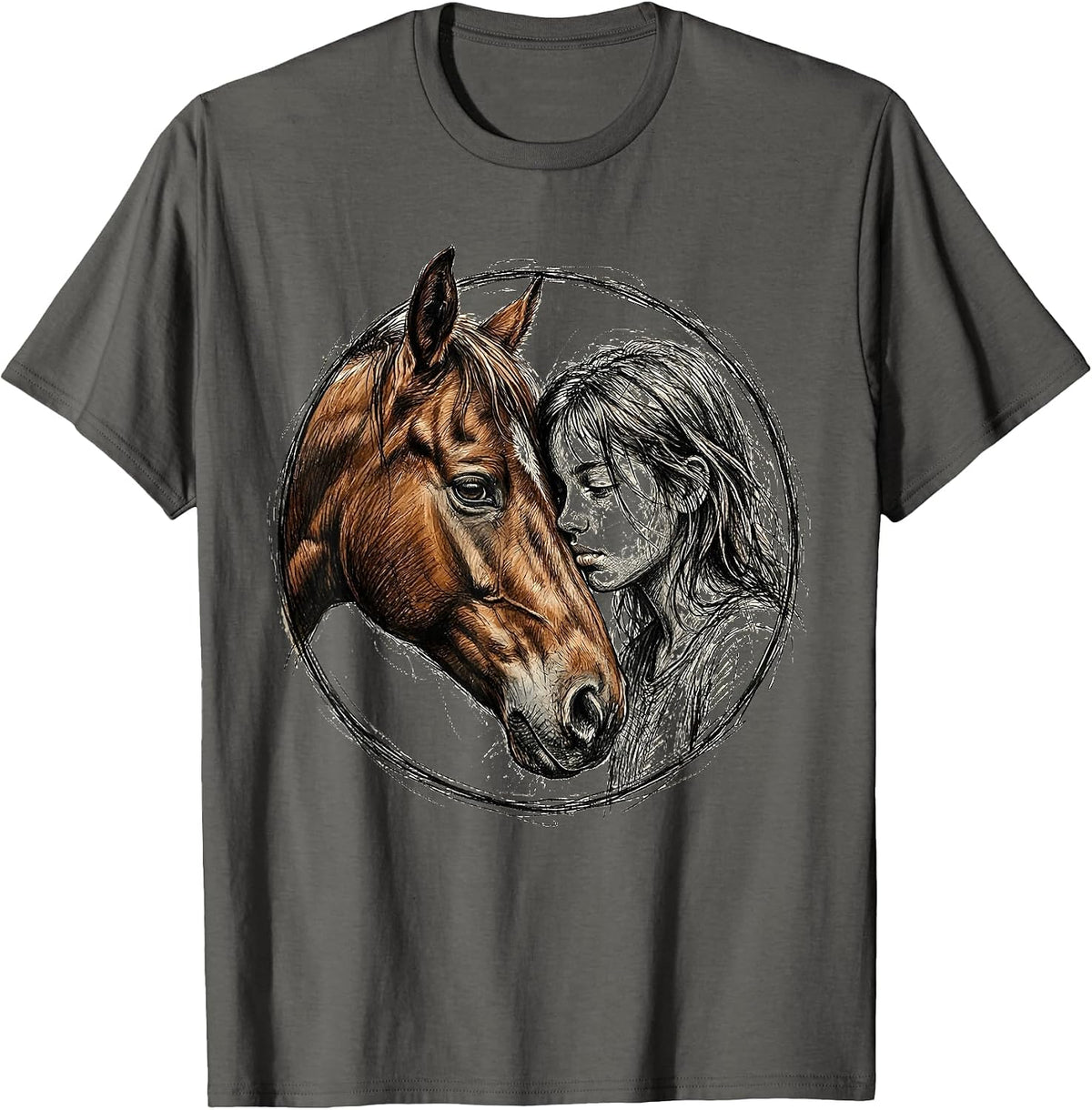 Girl Whispering to Chestnut Horse Illustration T-Shirt - Asphalt Grey