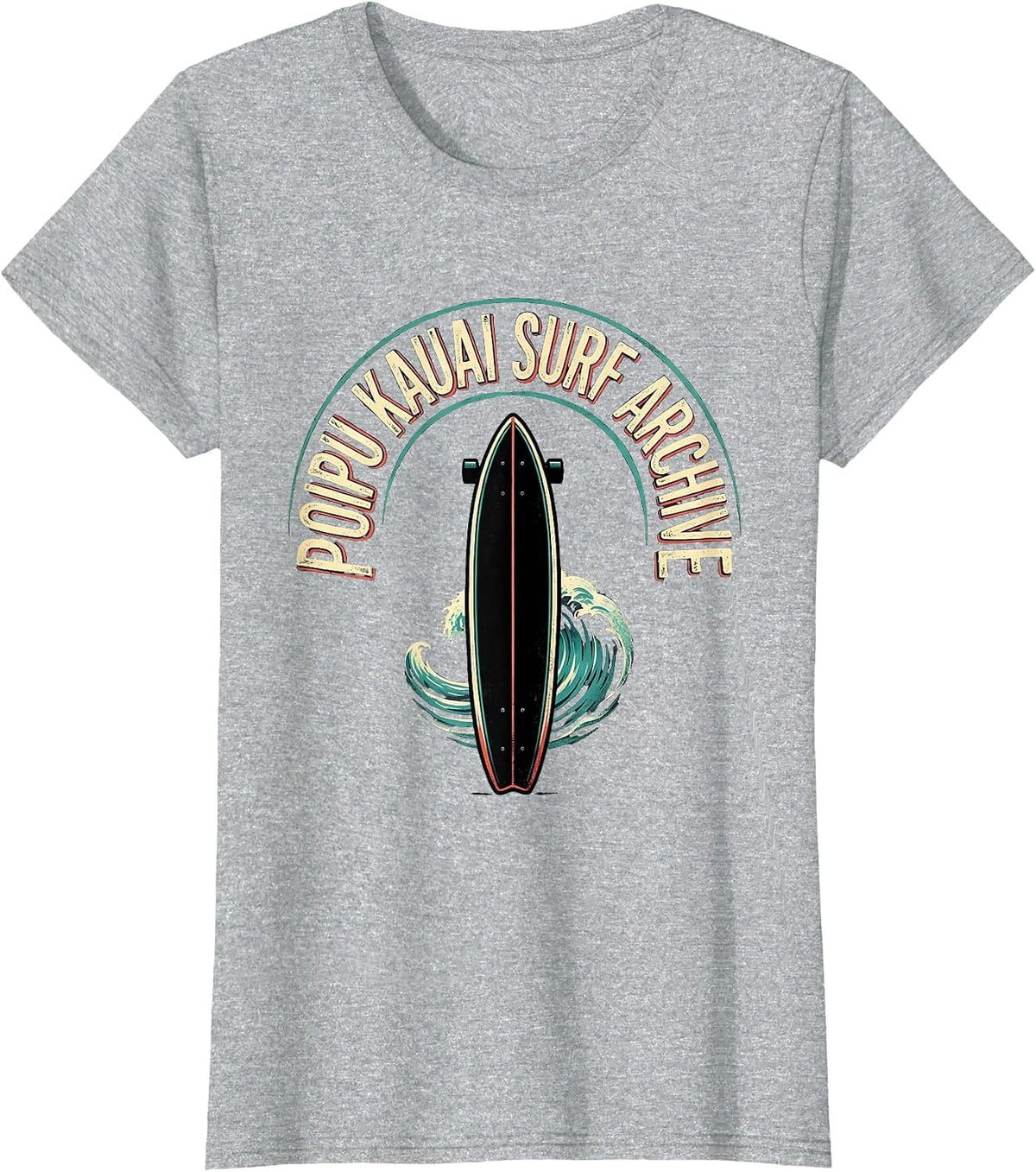 Women's Poipu Kauai Surf Archive Vintage Hawaii Retro Surfboard T-Shirt - Heather Grey