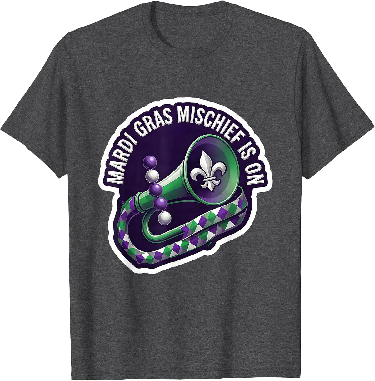 Men's Mardi Gras Mischief Is On Festive Humor Carnival Party T-Shirt - Dark Heather Grey