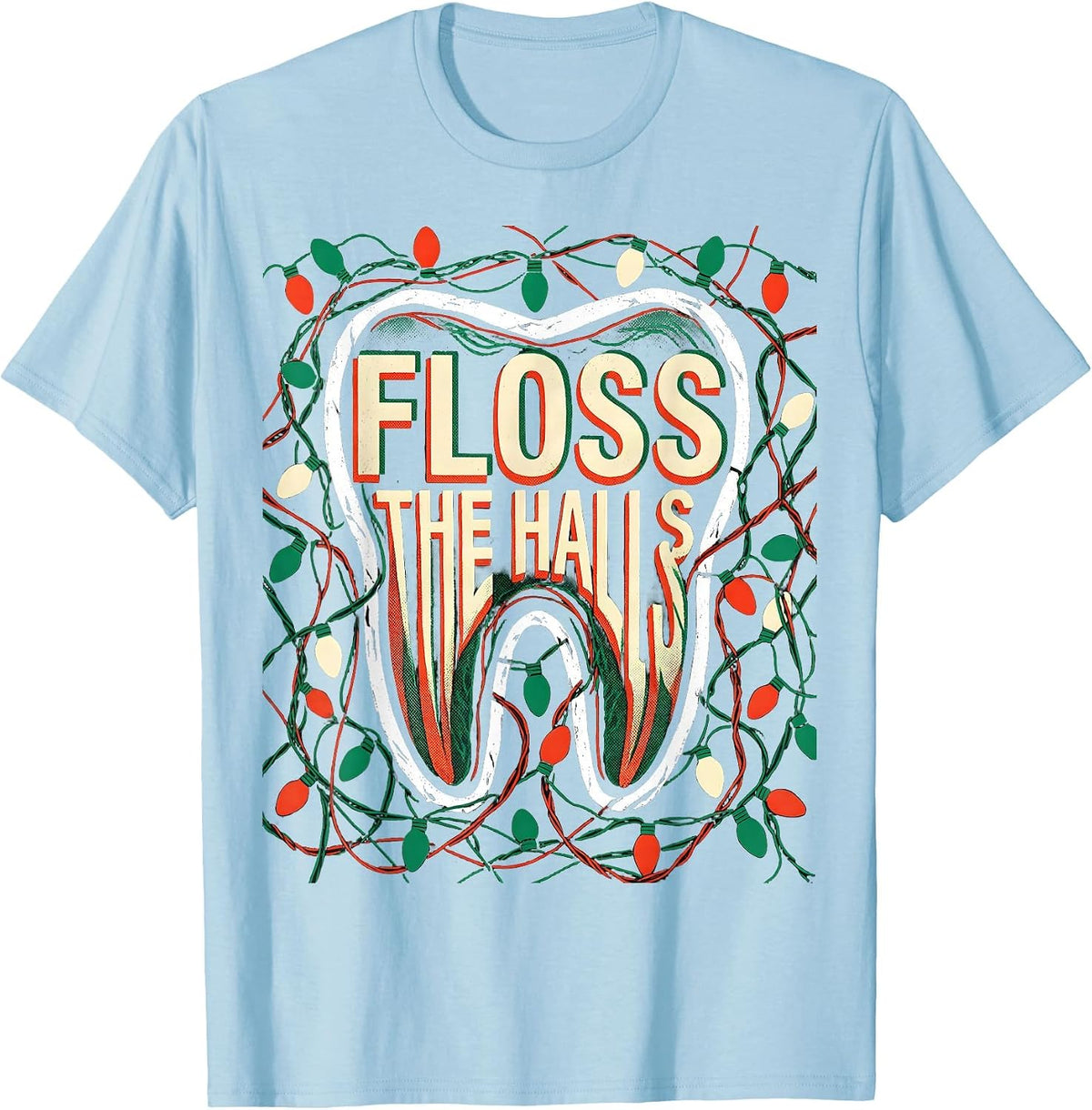 Men's Floss the Halls Risograph Funny Dentist Dental Hygienist T-Shirt - Baby Blue