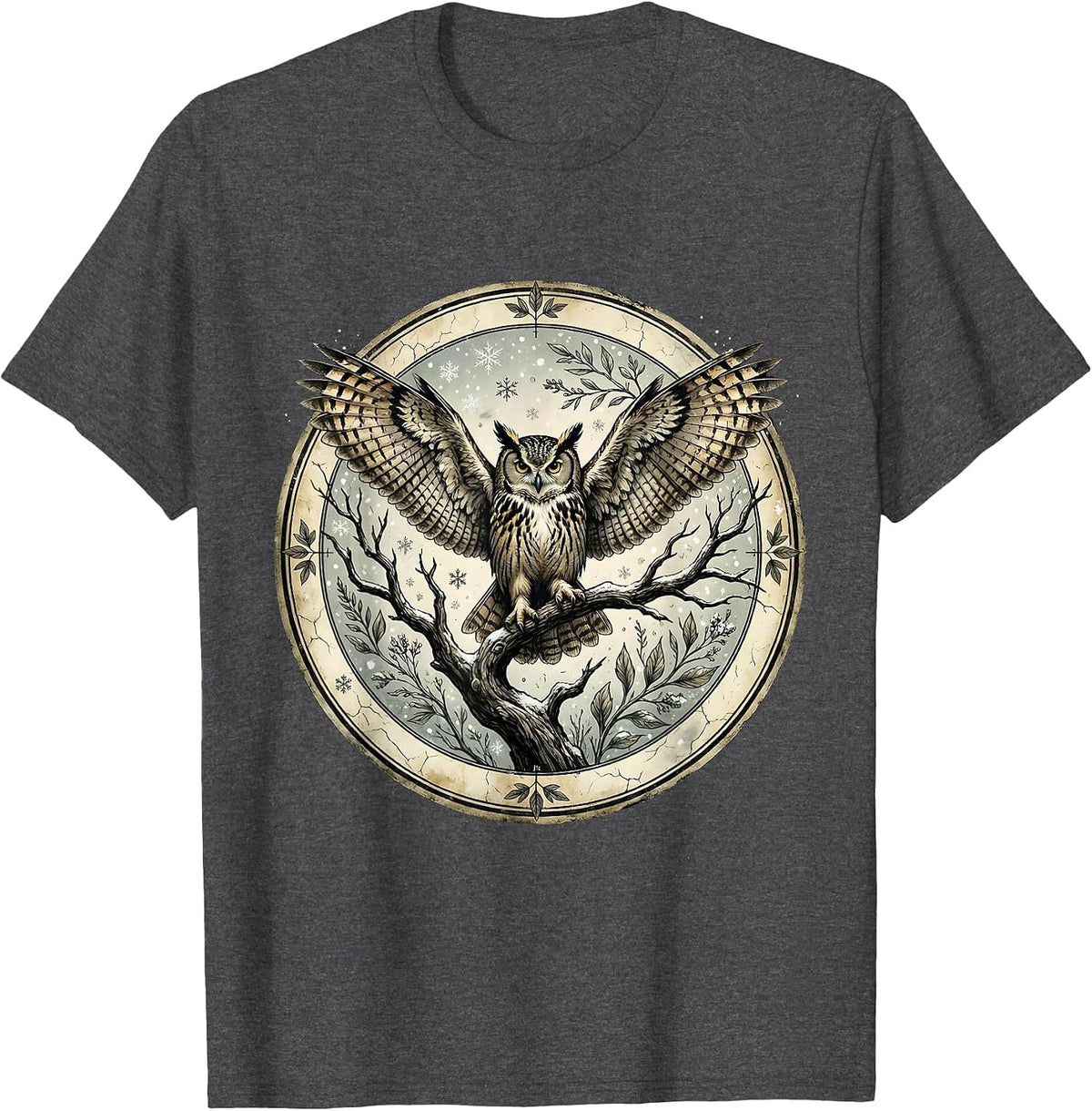 Men's Owl on Branch Winter Snowfall Nature Design T-Shirt - Dark Heather Grey