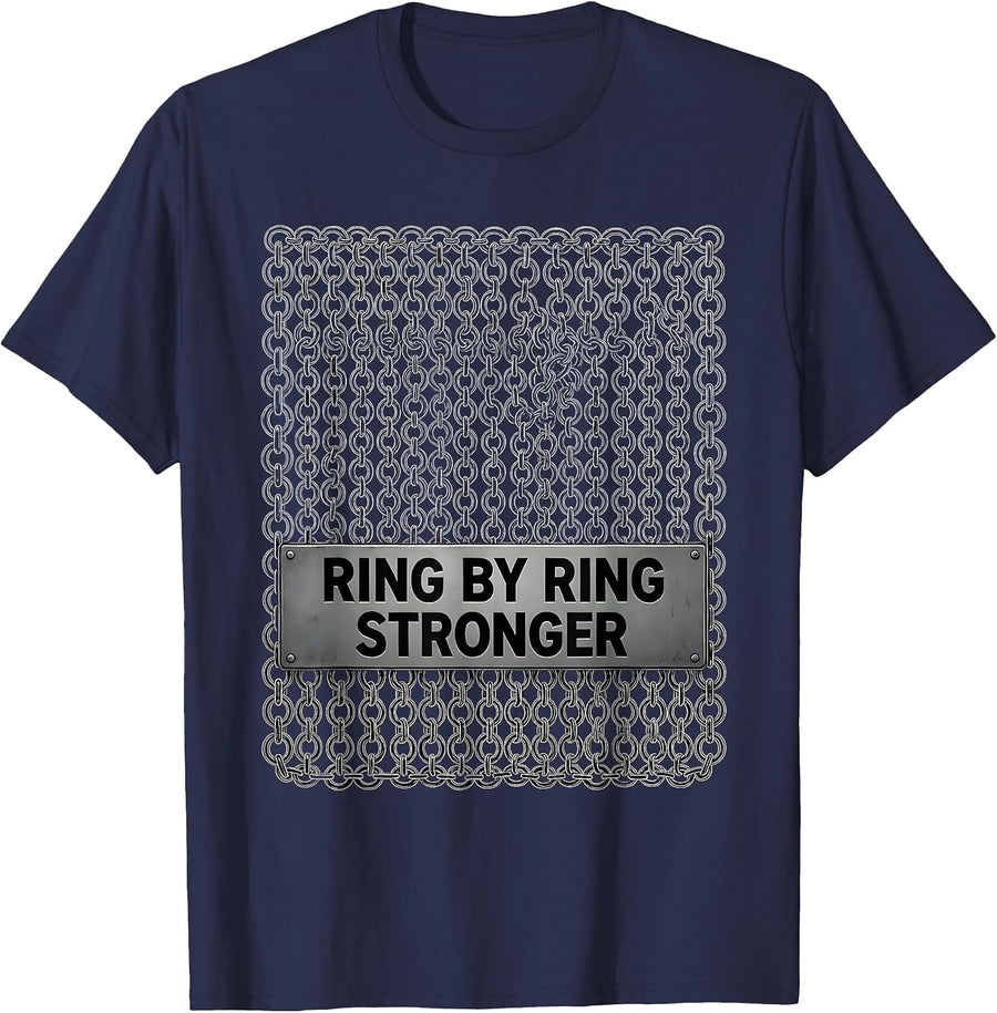 Ring by Ring Stronger Chainmail Armor Design T-Shirt - Navy Blue