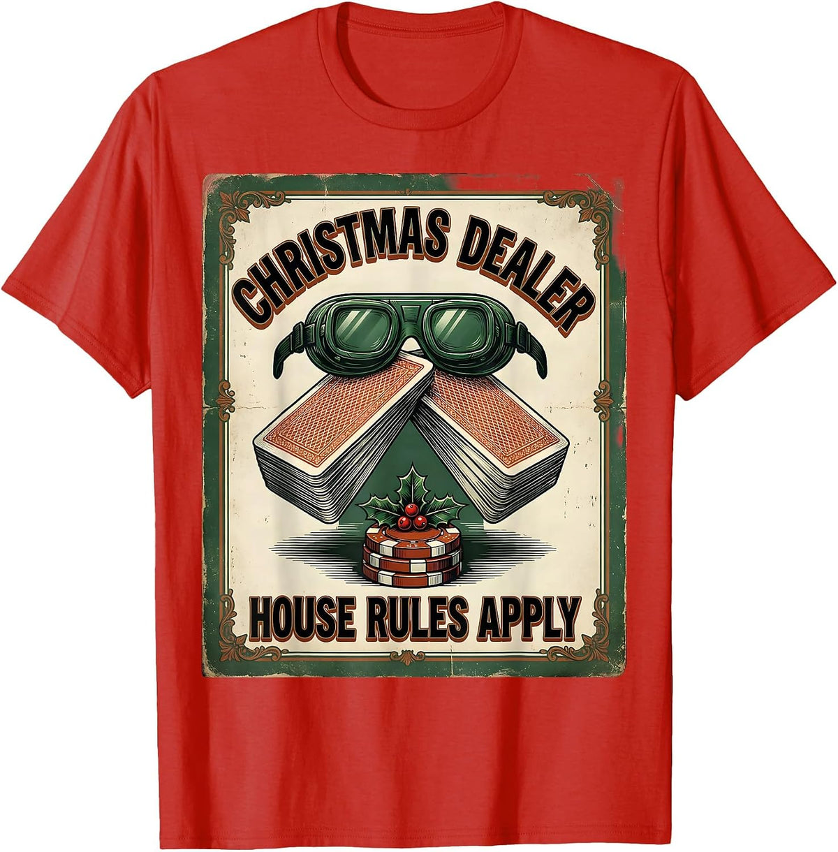 Men's Christmas Dealer House Rules Apply Vintage Poker Humor T-Shirt - Red