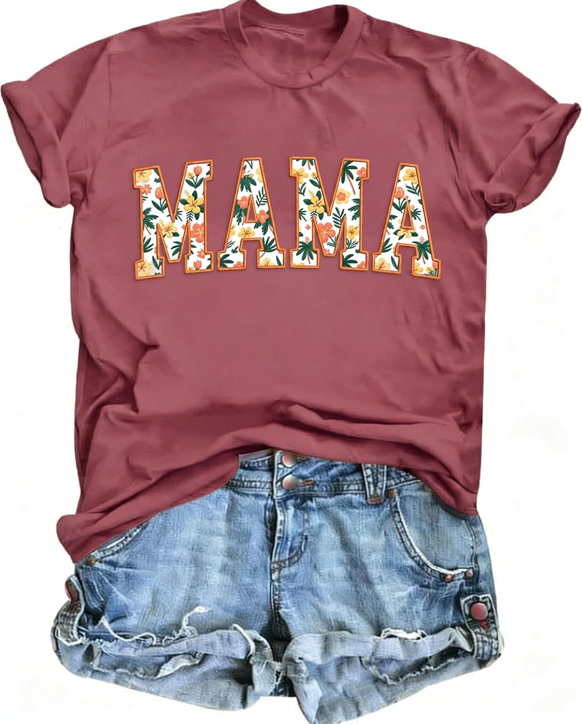 Mama Shirts for Women Mama Floral Embroidered Casual Short Sleeve Tees - Pink-c