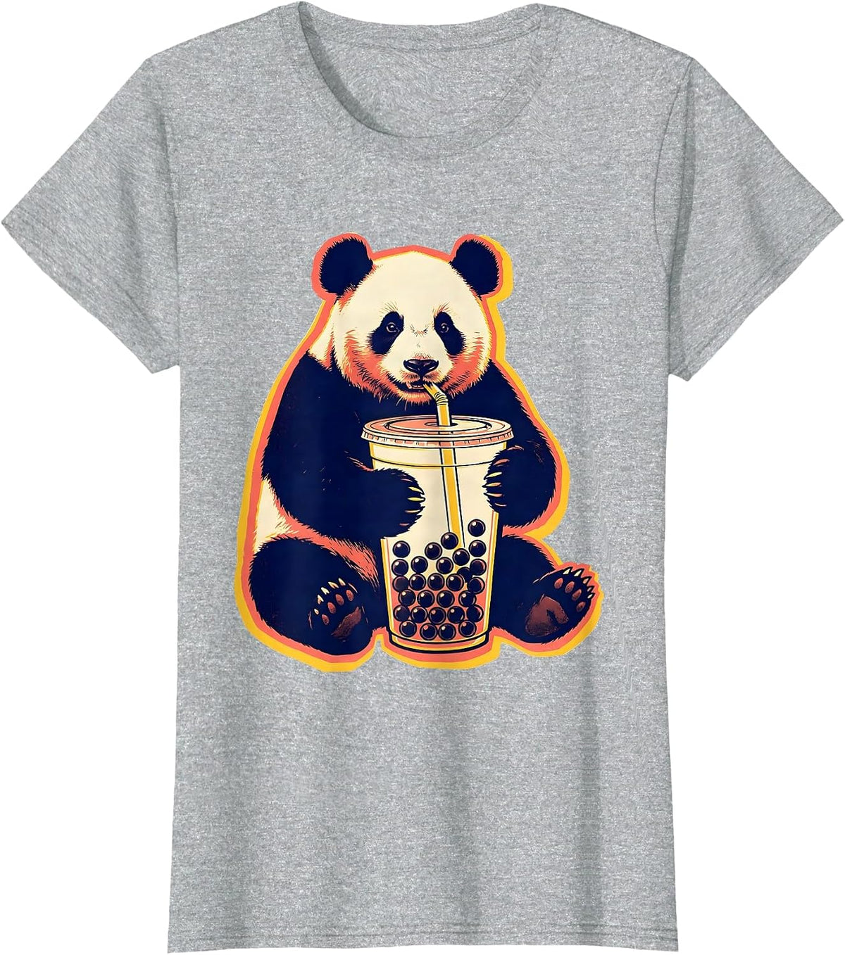 Rounded Panda Hugging Bubble Tea Kawaii Anime Girl T-Shirt - Heather Grey
