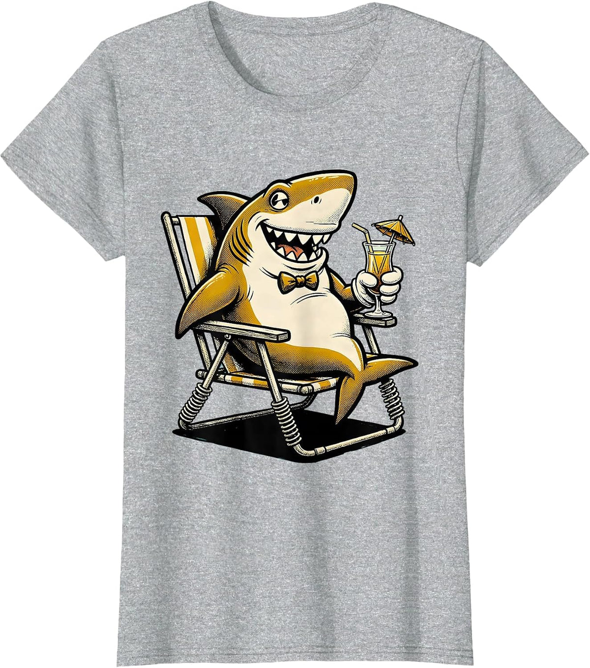 Shark Relaxing in Lawn Chair with Tropical Drink T-Shirt - Heather Grey