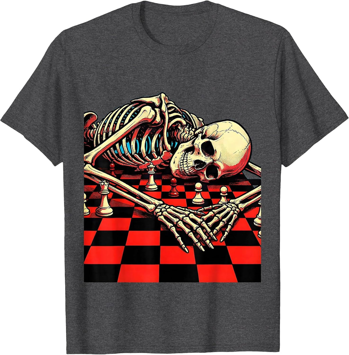 Skeleton Slumped Over Unfinished Chess Game T-Shirt - Dark Heather Grey