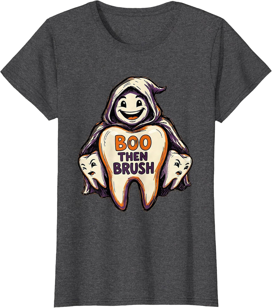 Women's Boo Then Brush Funny Dental Halloween Dentist Hygienist Gift T-Shirt - Dark Heather Grey