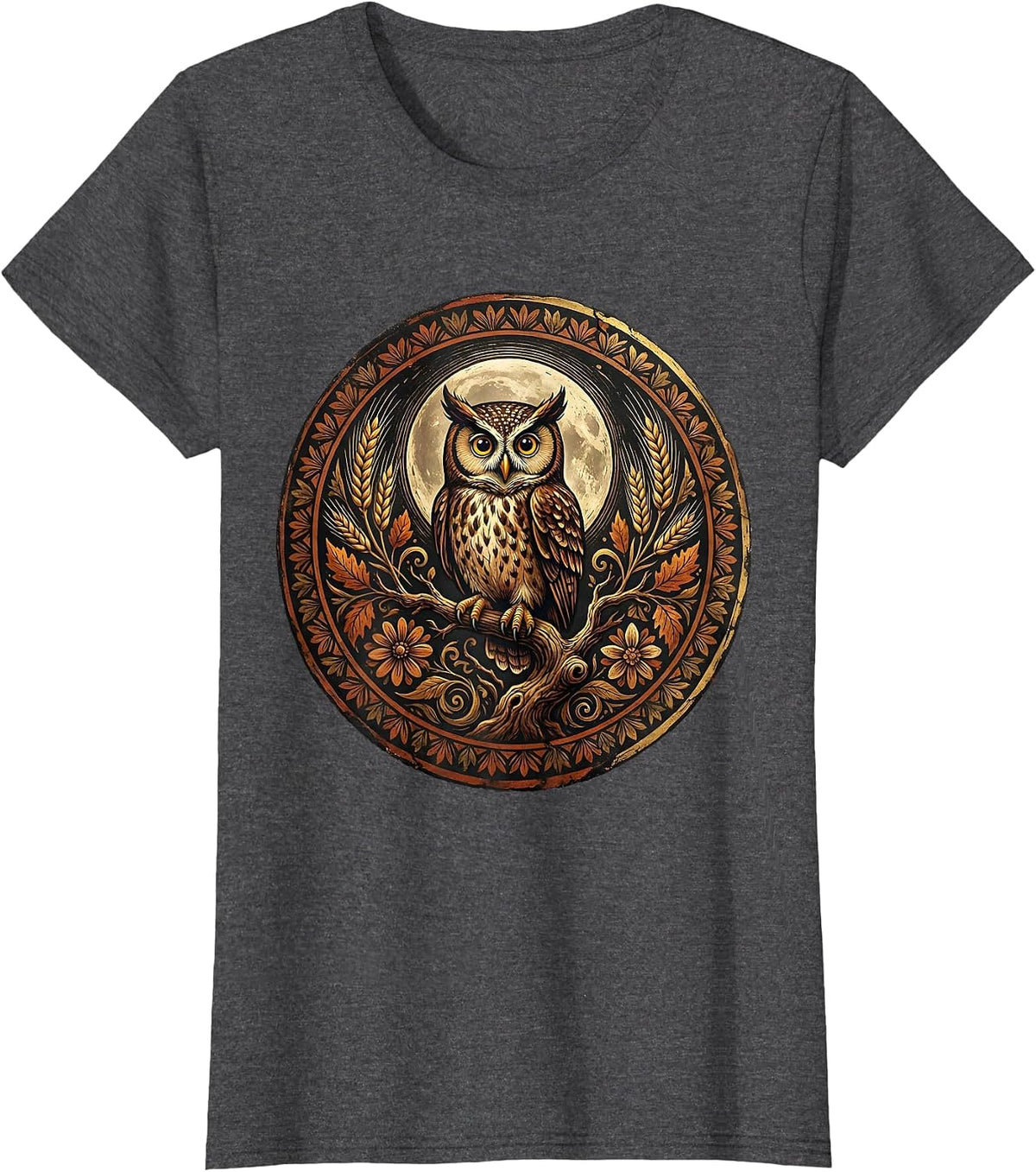 Women's Owl Harvest Moon Thanksgiving Graphic T-Shirt - Dark Heather Grey