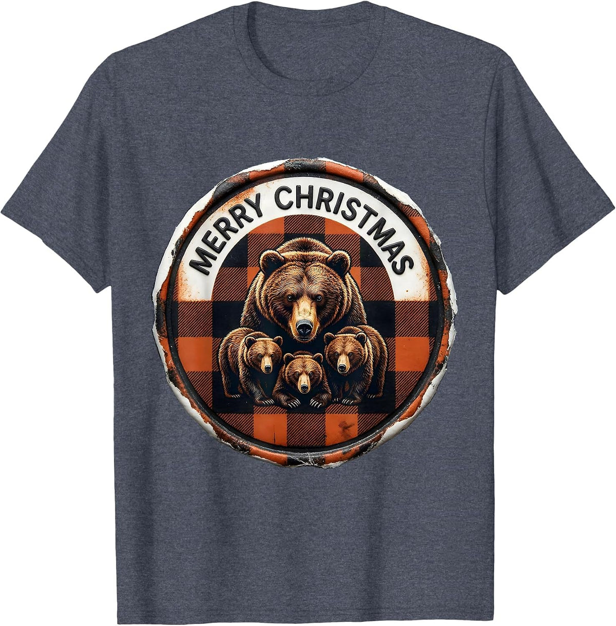 Merry Christmas Rubber Stamp Bear Family Buffalo Plaid T-Shirt - Heather Blue
