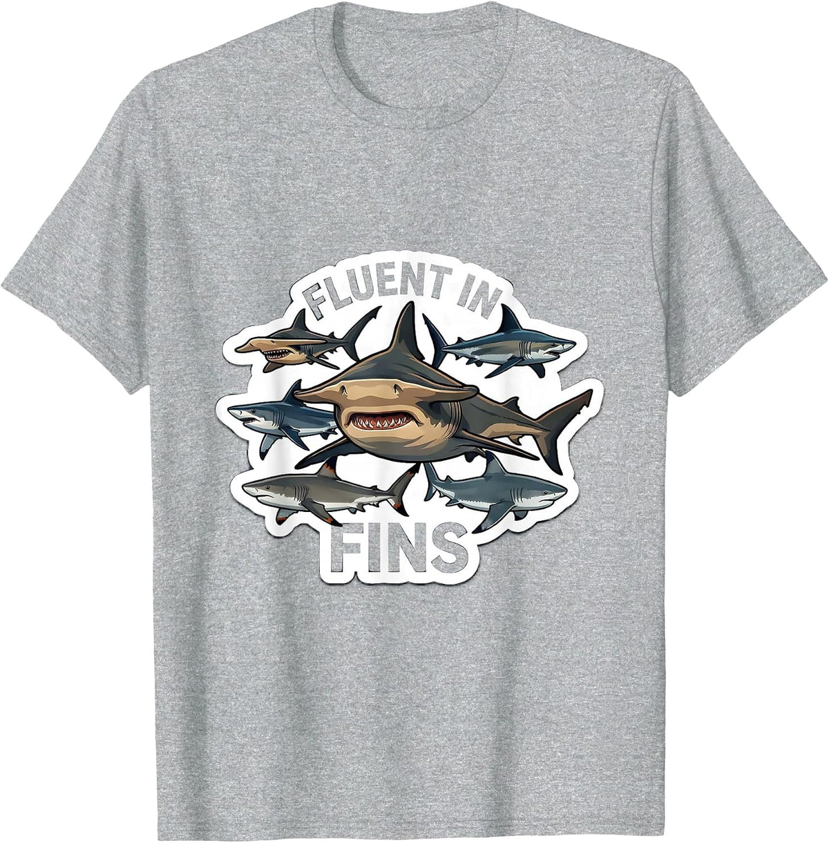 Men's Fluent In Fins Funny Shark Species Marine Biology Lover T-Shirt - Heather Grey