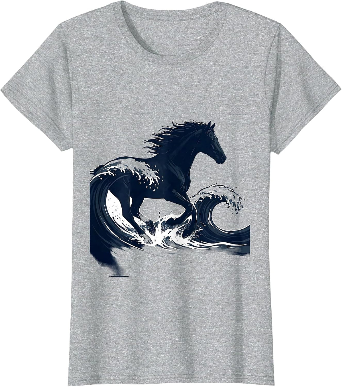 Women's White Freedom Horse Galloping Ocean Waves Design T-Shirt - Heather Grey