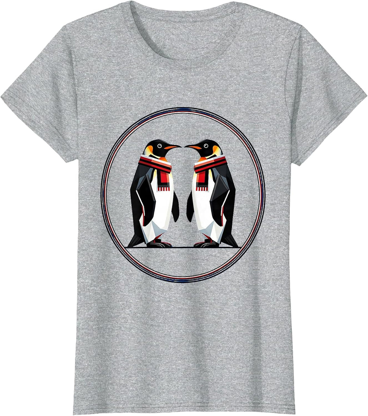 Twin Day Matching Penguins Scarf Illustration T-Shirt - Heather Grey