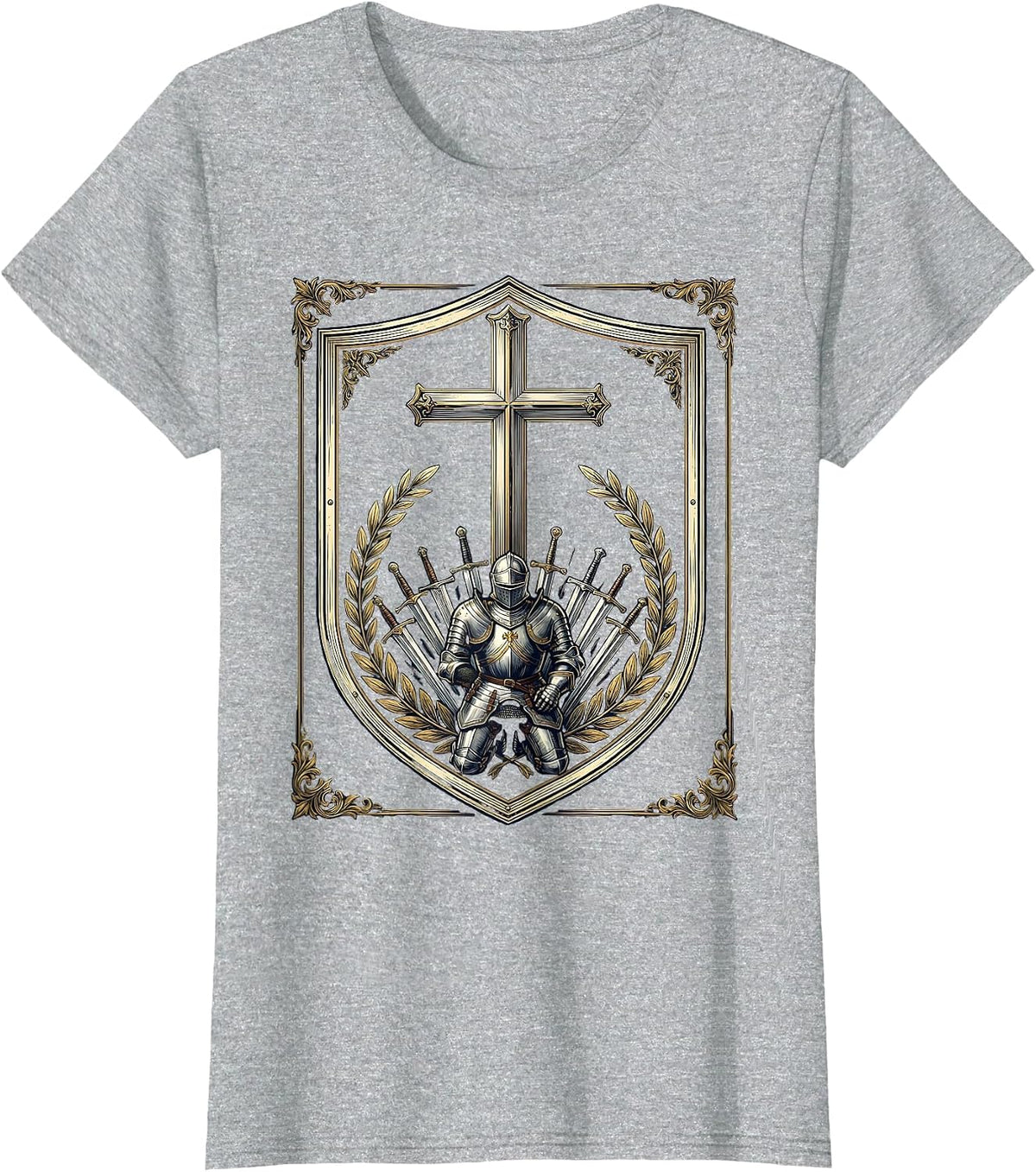 Kneeling Soldier Armor at the Cross Faith Graphic T-Shirt - Heather Grey