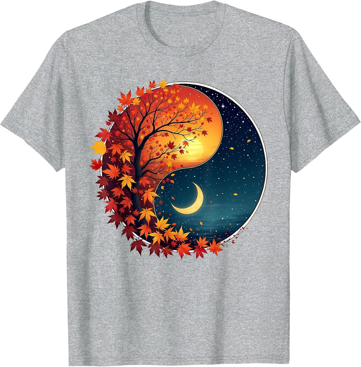 Vintage Celestial Sun Moon Fall Leaf Autumn Equinox Witch T-Shirt - Heather Grey