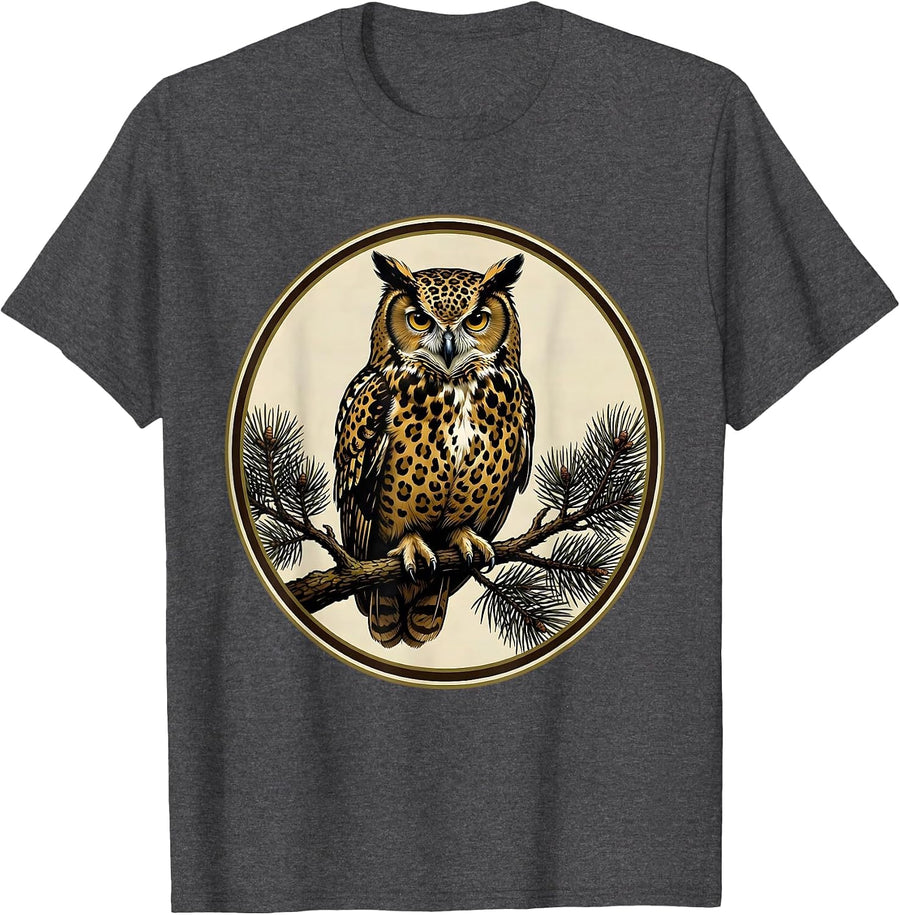 Men's Camo Owl Perched on Pine Branch Design T-Shirt - Dark Heather Grey