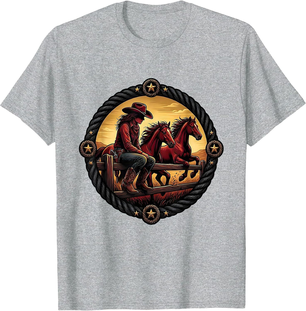 Men's Cowgirl Atop Fence Watching Wild Horses T-Shirt - Heather Grey