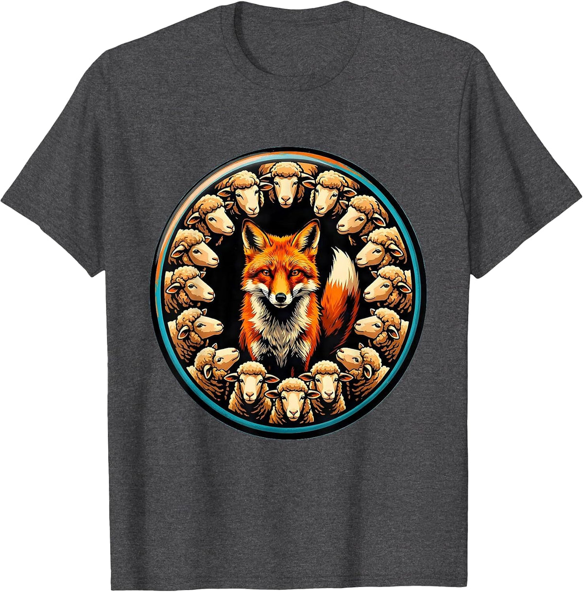 Lone Fox in a Crowd of Sheep Illustration T-Shirt - Dark Heather Grey
