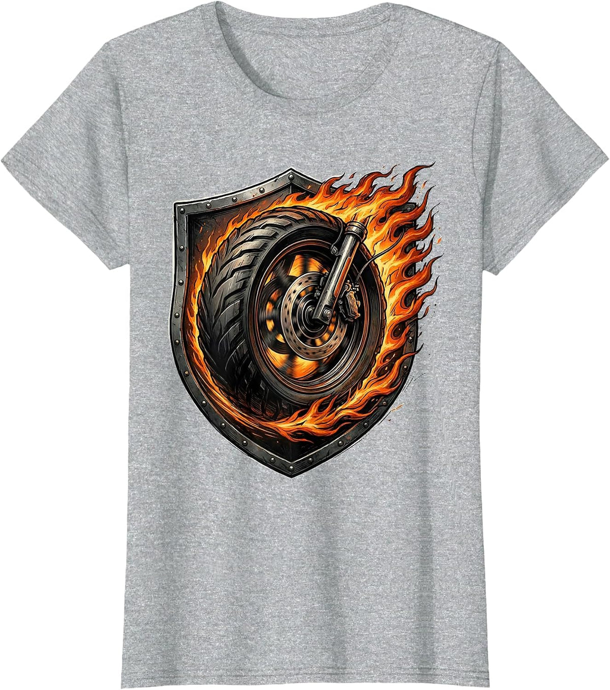 Women's Flaming Motorbike Wheel Rock and Roll Graphic T-Shirt - Heather Grey
