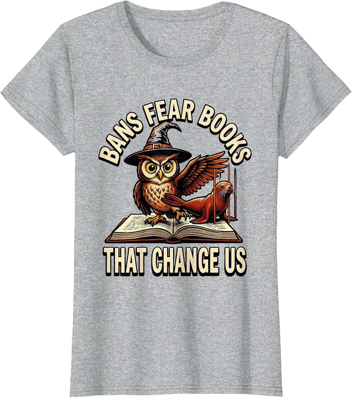Women's Bans Fear Books That Change Us Cartoon Witch Bookish T-Shirt - Heather Grey