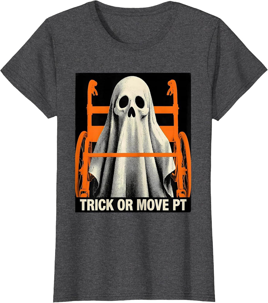Women's Trick Or Move PT Funny Physical Therapy Ghost Halloween T-Shirt - Dark Heather Grey