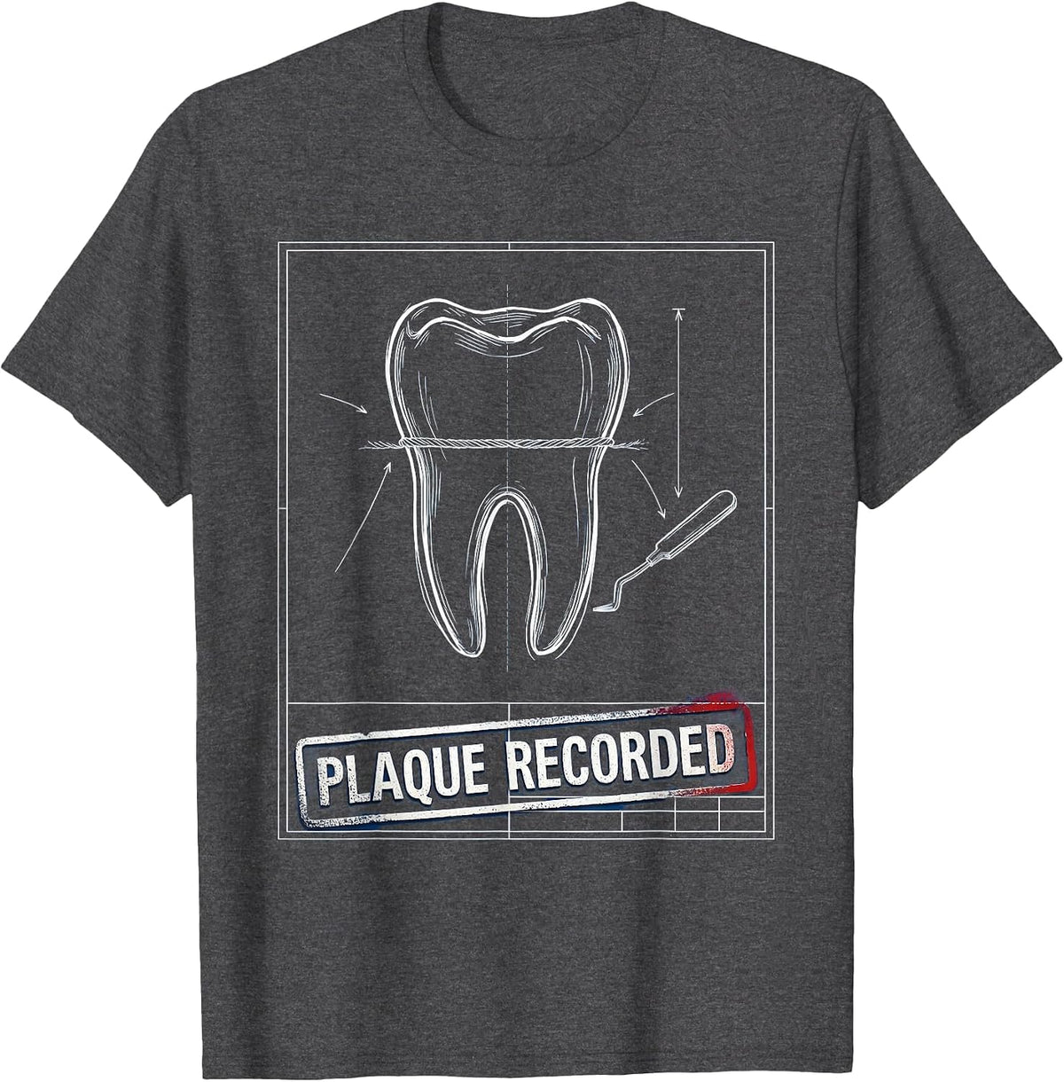 Men's Plaque Recorded Technical Blueprint Dental Hygienist Humor T-Shirt - Dark Heather Grey
