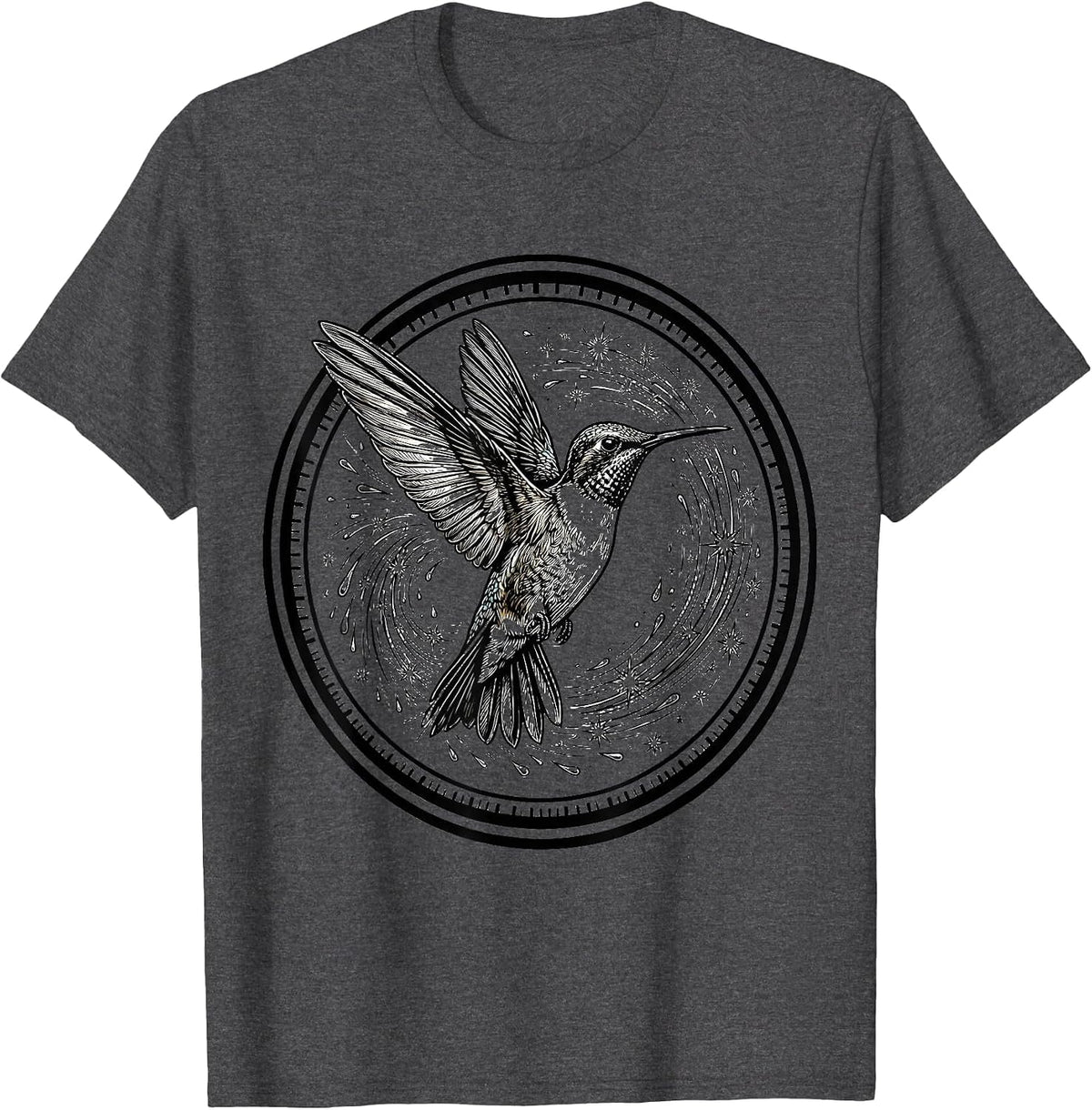 ADHD Hummingbird Swirling Sparks Illustration T-Shirt - Dark Heather Grey