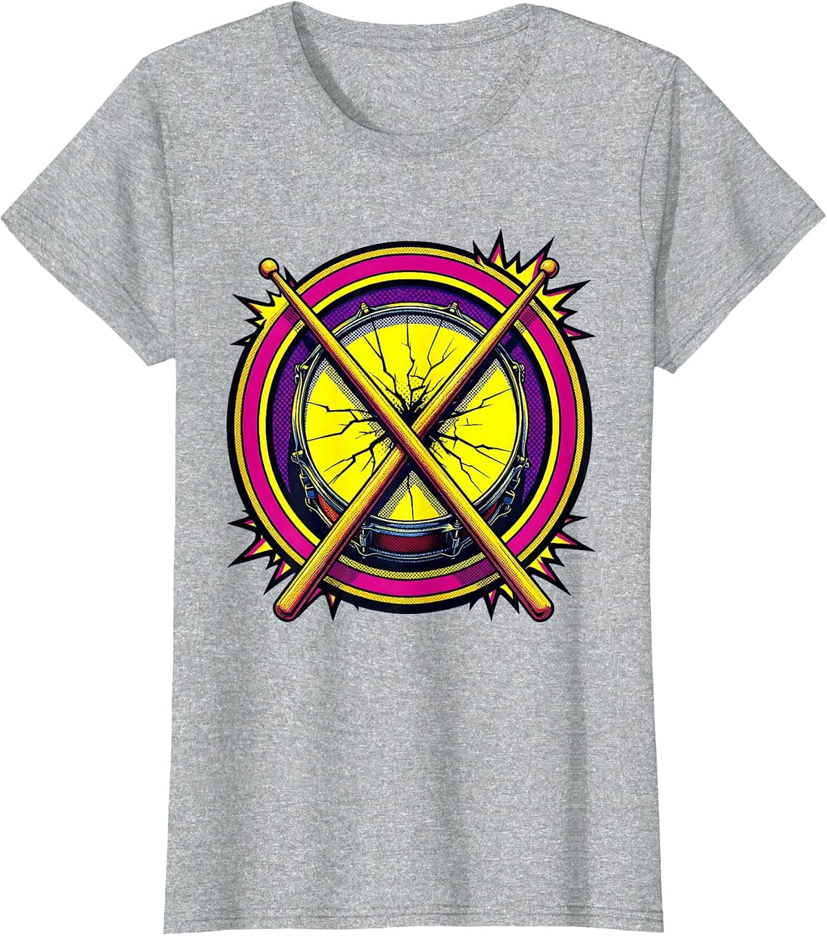 80s Rock Crossed Drumsticks Cracked Snare Drum T-Shirt - Heather Grey