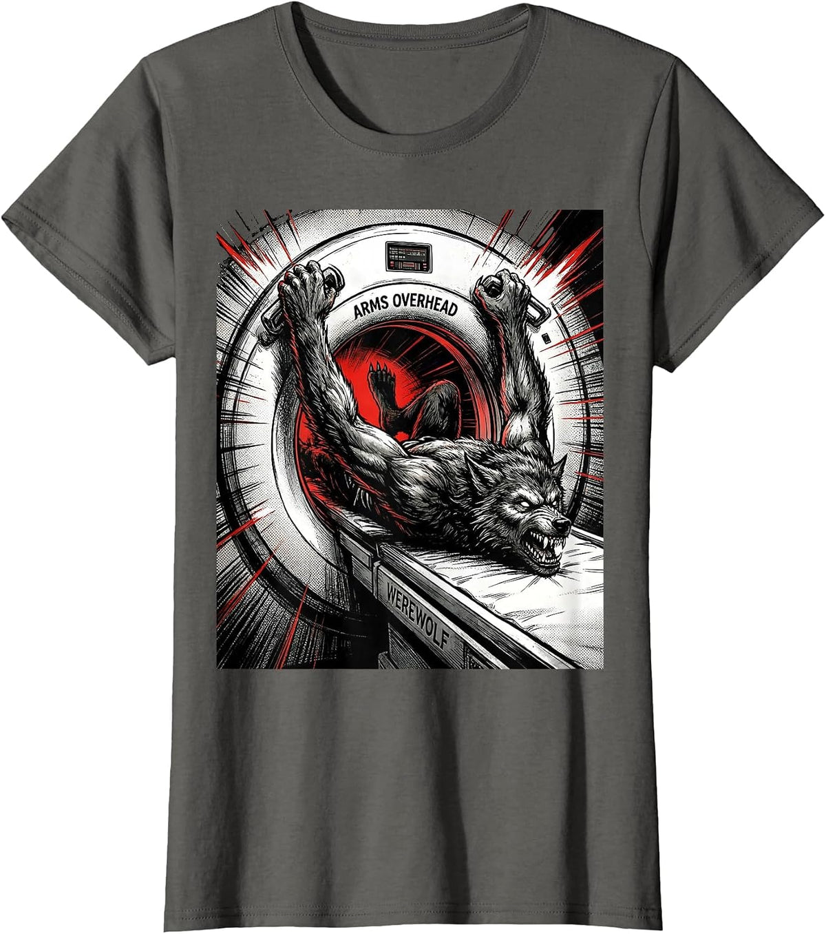 Women's Arms Overhead Werewolf Comic Book Radiology Tech Halloween T-Shirt - Asphalt Grey
