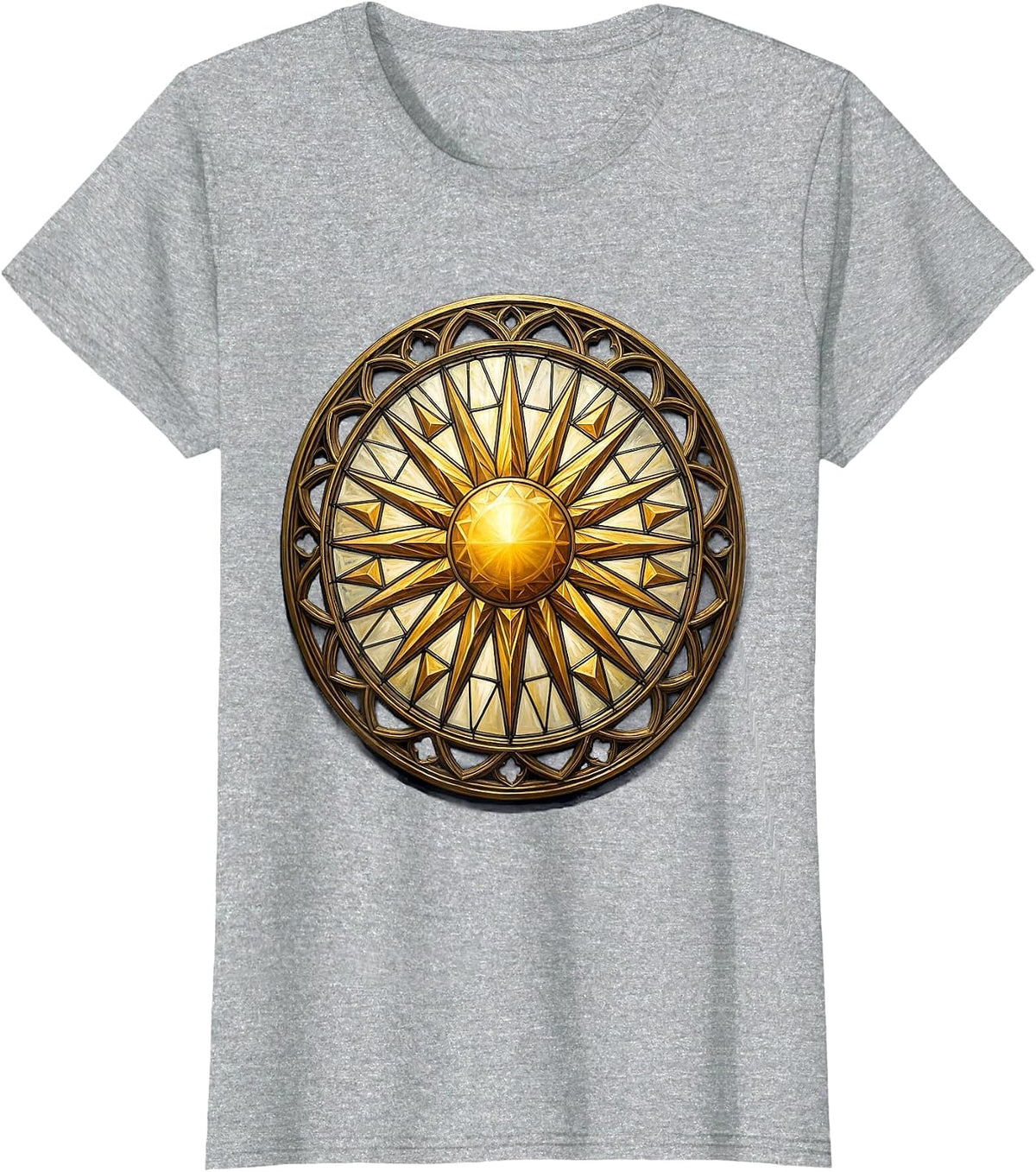 Stained Glass Geometric Sun Religious Design T-Shirt - Heather Grey