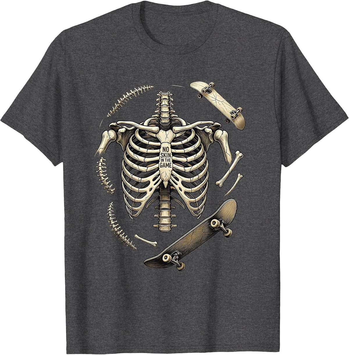 Skeleton Skateboarding No Skin In The Game T-Shirt - Dark Heather Grey