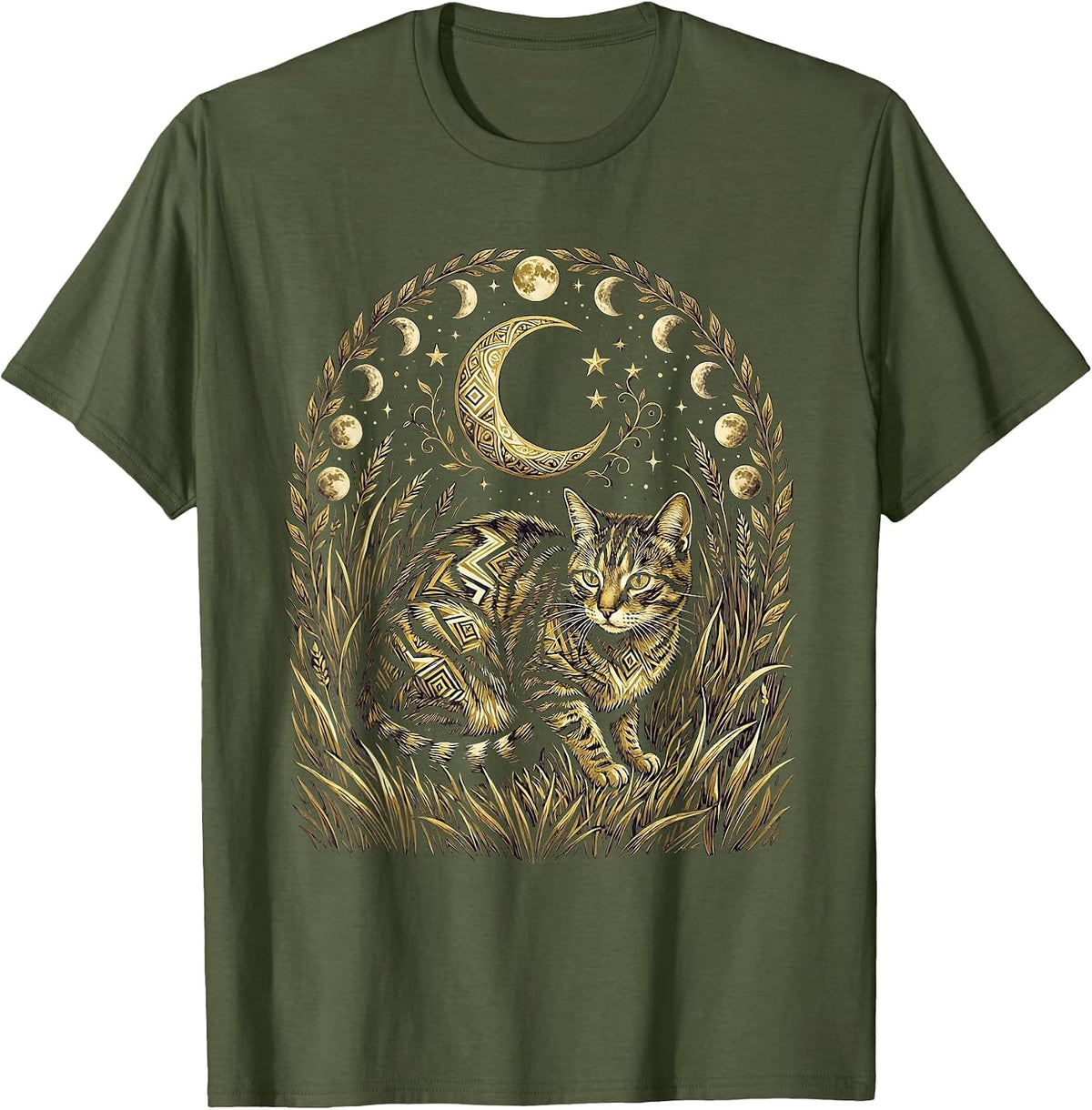 Men's Tabby Cat Stalking Through Tall Grass Illustration T-Shirt - Olive Green