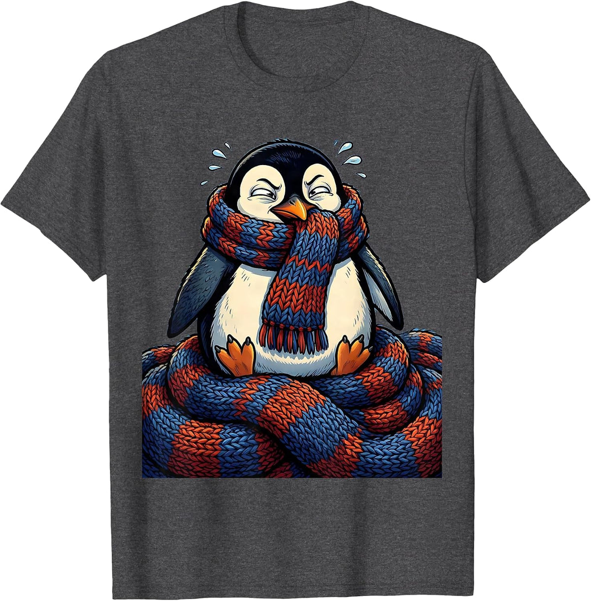 Cozy Penguin Bundled Up in Oversized Scarf T-Shirt - Dark Heather Grey