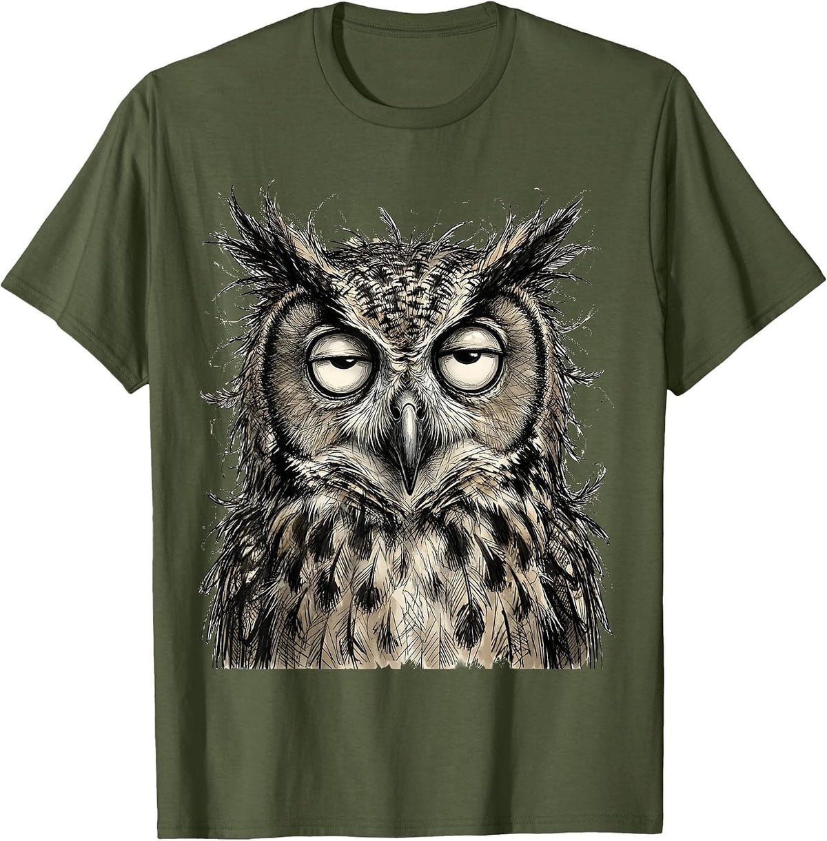 Wide-Eyed Owl Ruffled Feathers Graphic Design T-Shirt - Olive Green