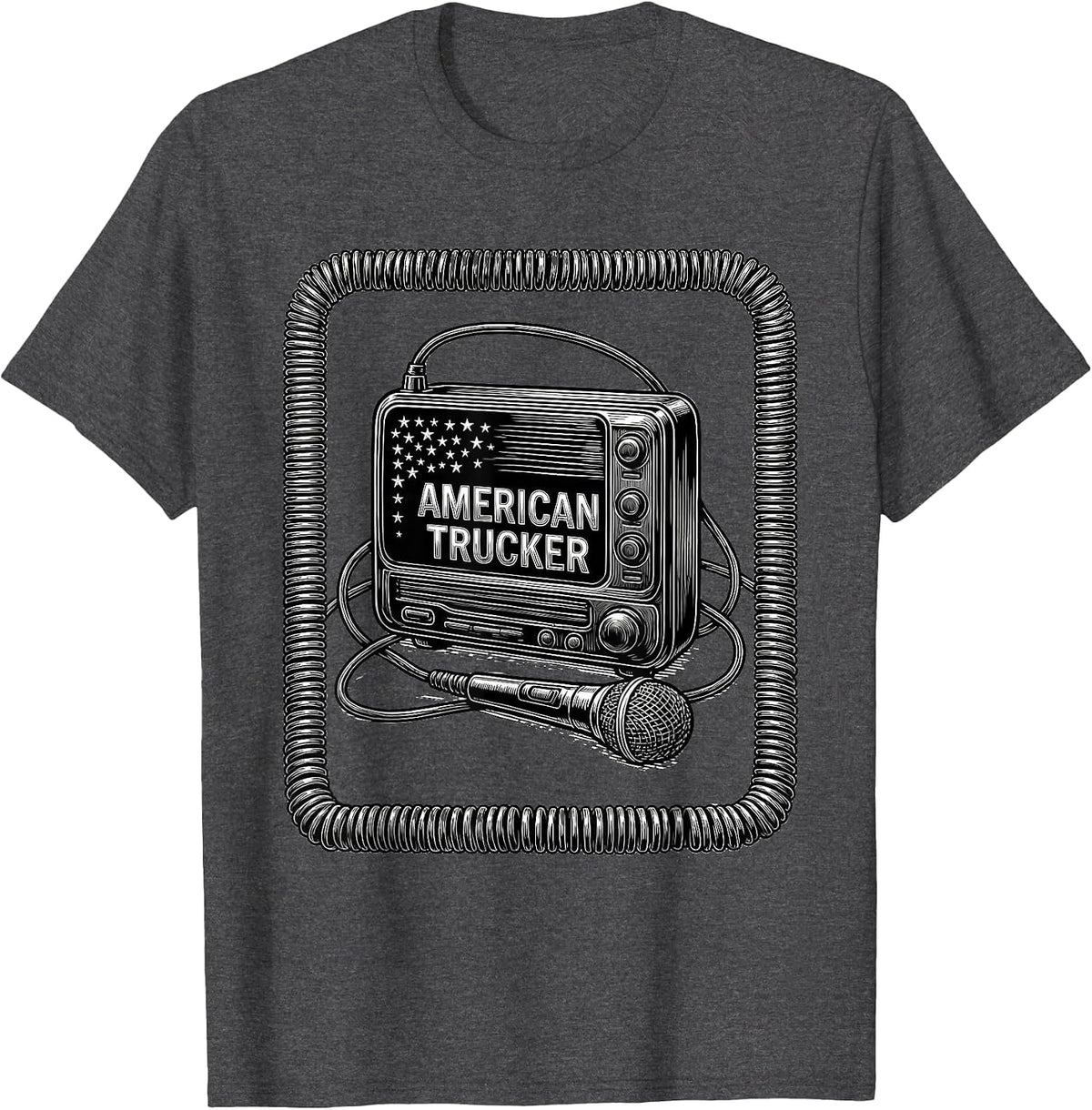American Trucker Line Art Patriotic Trucker Gift T-Shirt - Dark Heather Grey