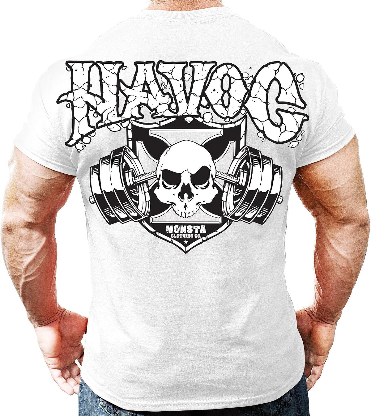 Monsta Clothing Co. Men's Bodybuilding Workout (Havoc Barbell) Gym T-Shirt - White