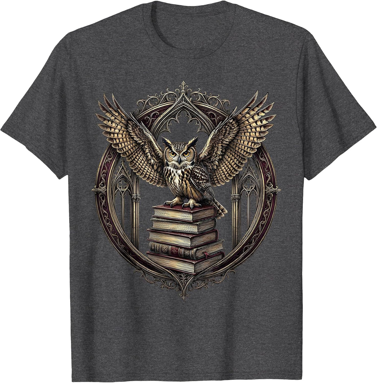 Halloween Teacher Owl on Books Illustration T-Shirt - Dark Heather Grey
