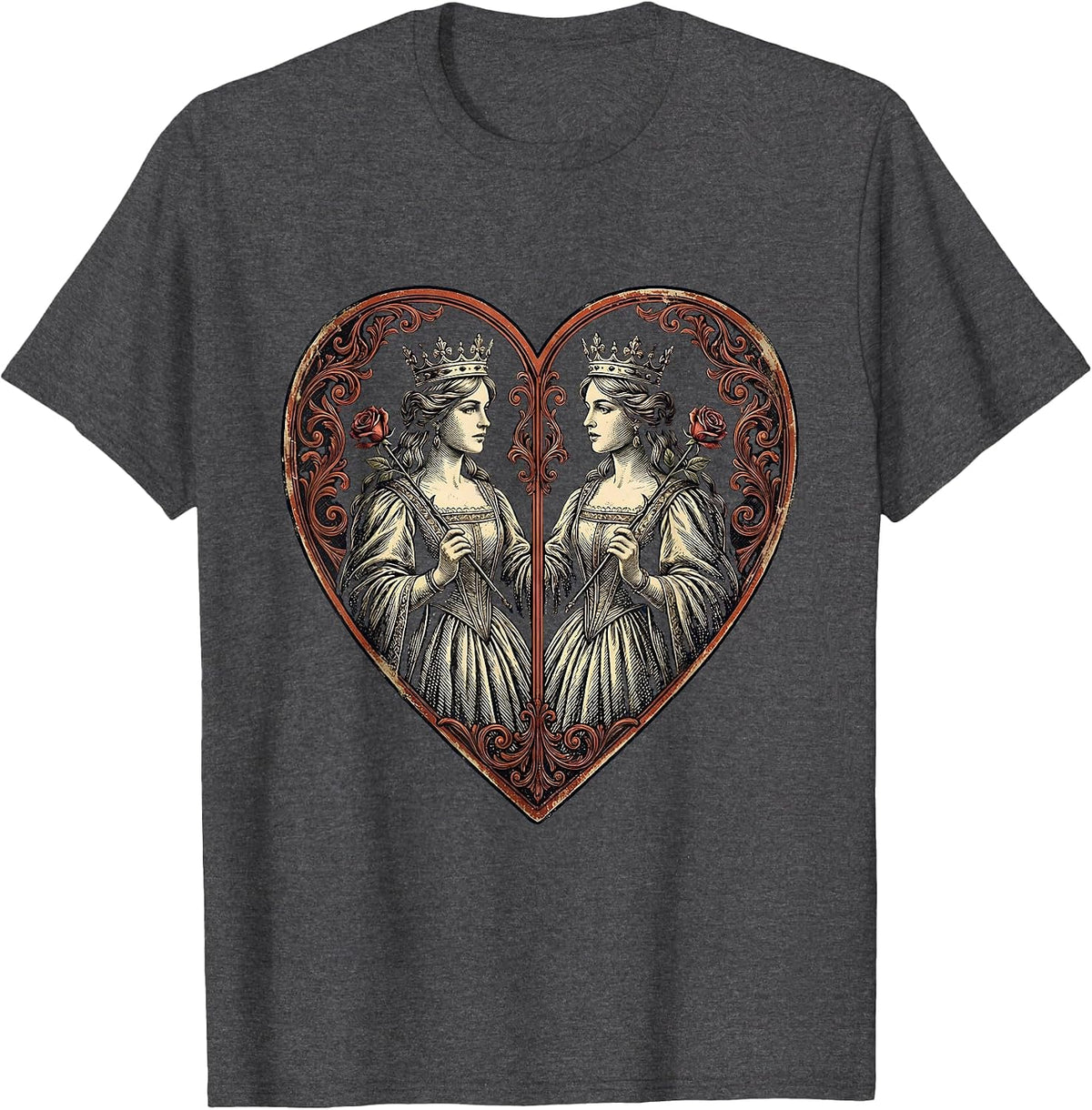Queen of Hearts Mirrored Playing Card Design T-Shirt - Dark Heather Grey
