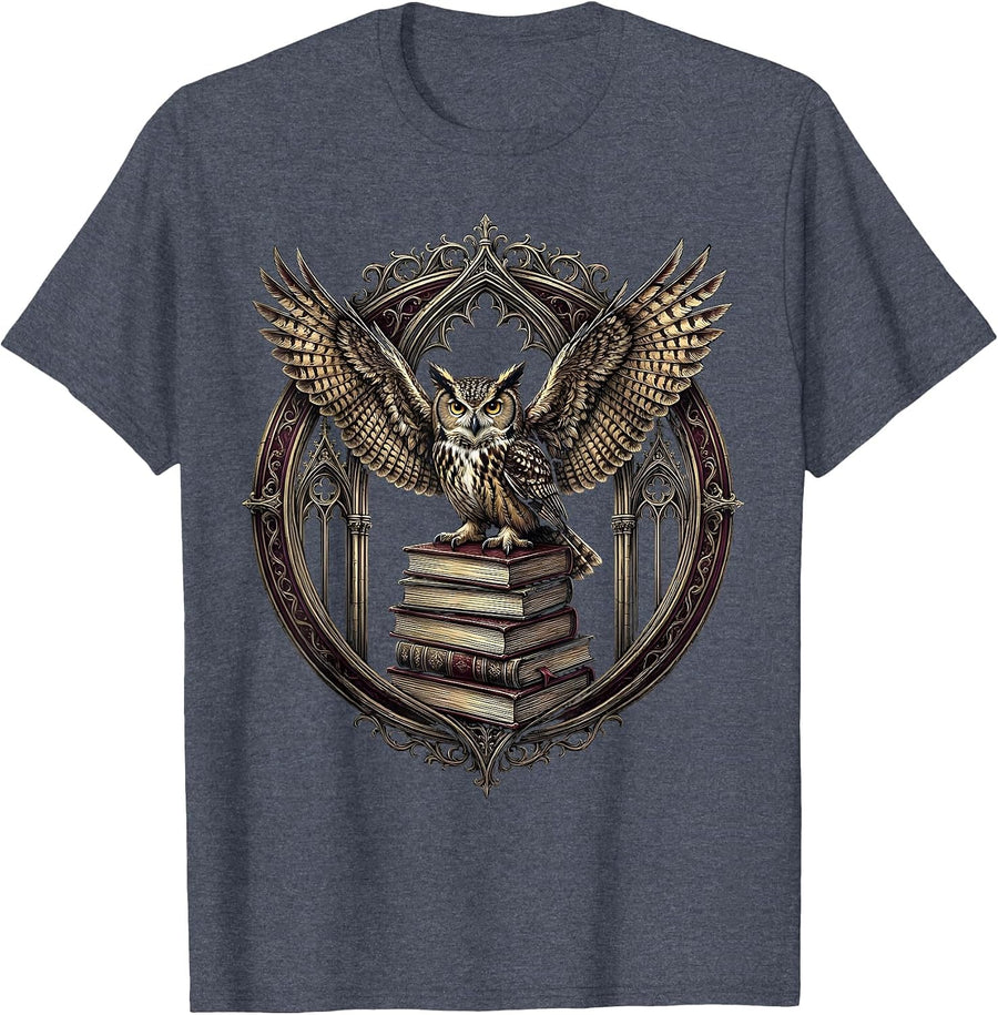 Halloween Teacher Owl on Books Illustration T-Shirt - Heather Blue