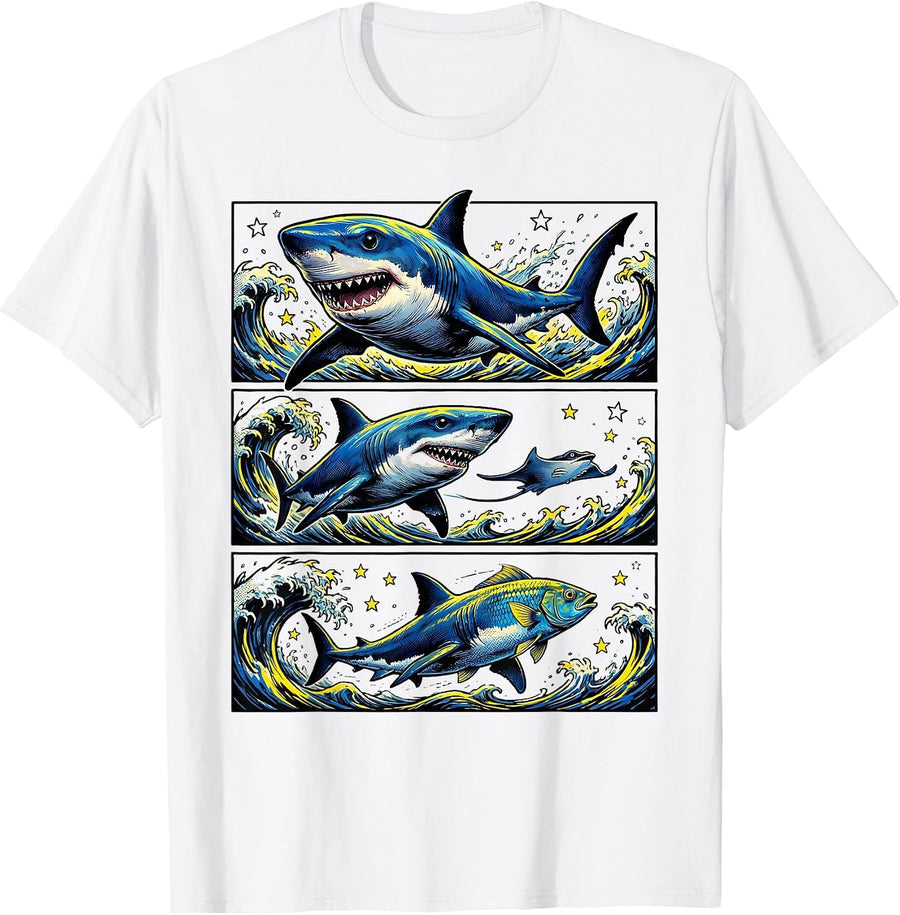 Men's Comic Blue Shark Parade Ocean Wildlife Humor T-Shirt - White