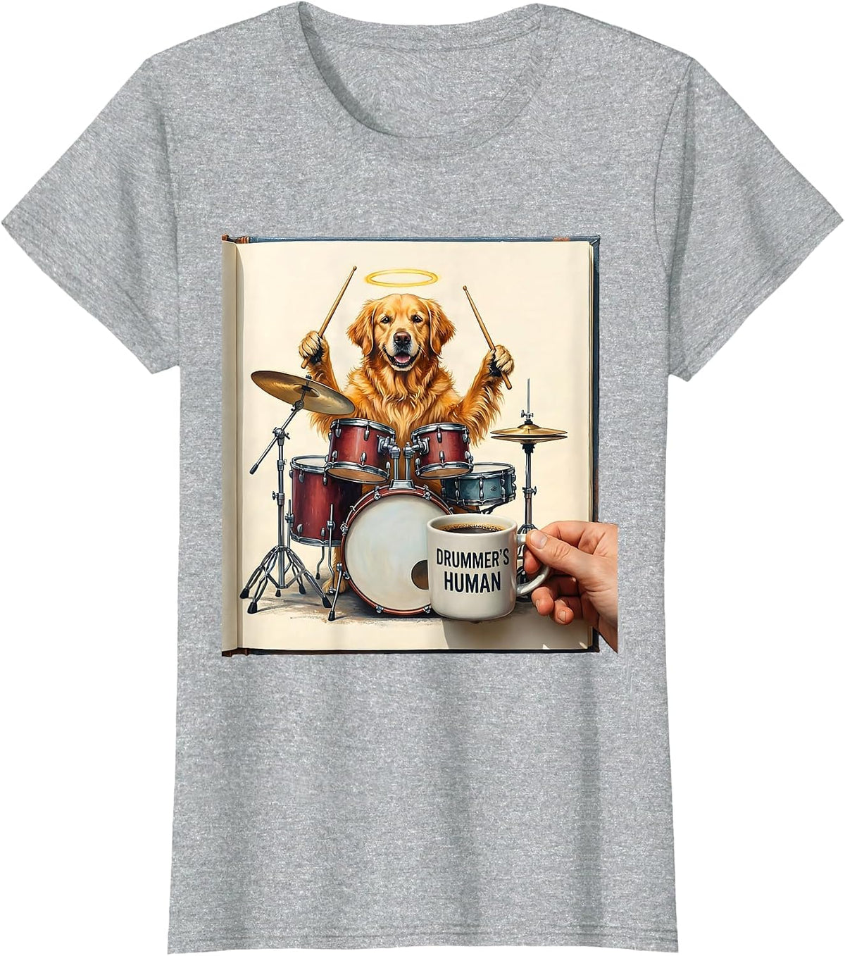 Drummer's Human Storybook Golden Retriever Dog Drummer Humor T-Shirt - Heather Grey