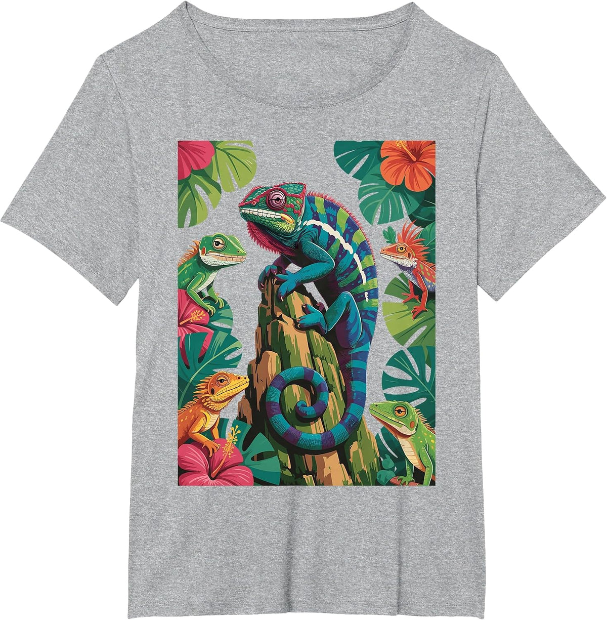 Colorful Geckos Design Cool Chameleon Lizard Lover Reptiles T-Shirt - Heather Grey