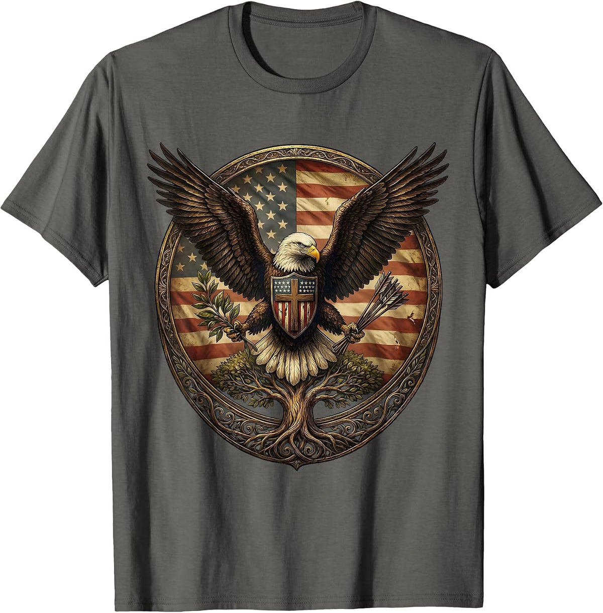 Patriotic Eagle Olive Branch and Arrows Graphic T-Shirt - Asphalt Grey