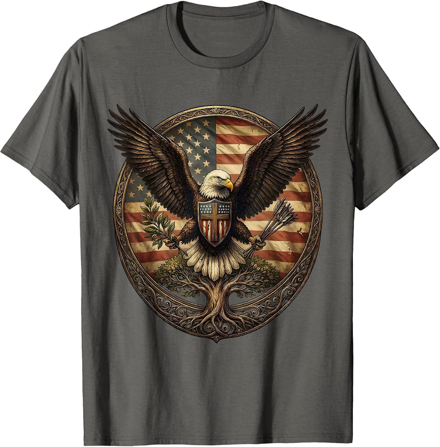 Patriotic Eagle Olive Branch and Arrows Graphic T-Shirt - Asphalt Grey