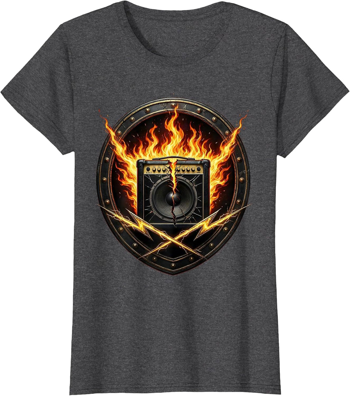Women's Broken Amp Flames 80s Rock Band Graphic T-Shirt - Dark Heather Grey